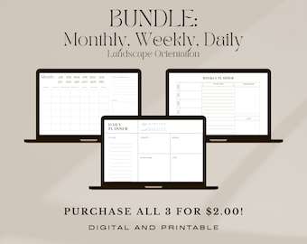 Paquete: planificadores diarios semanales y mensuales minimalistas y calendario sin fecha / digitales e imprimibles / tamaño carta, orientación horizontal
