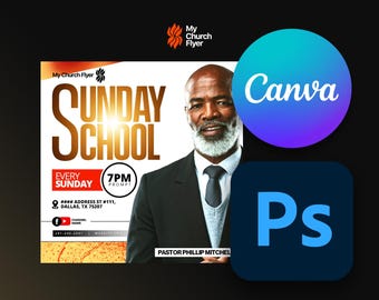 Editable Church Flyer Template: Bible Study, Sunday School, Events (Photoshop, Canva Digital Download)
