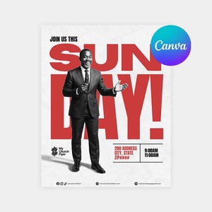 Può includere: Un volantino con la scritta "JOIN US THIS SUNDAY!" a grandi lettere rosse. Un uomo in giacca e cravatta tiene in mano un microfono. Il volantino include anche il testo "My Church Flyer" e gli orari dei servizi.