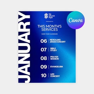 以下が含まれることがあります： 1月の教会サービス用の青いグラデーションフライヤー。「My Church Flyer Presents This Month's Services」というテキストと、コンサート、聖書研究、祈りのセッションなど、6日から10日までのイベントスケジュールが含まれています。
