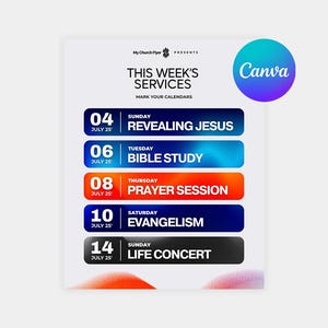 Könnte beinhalten: Ein Flyer für Gottesdienste mit einem Wochenplan. Er listet Daten, Wochentage und Servicetitel wie "Revealing Jesus" und "Bible Study" auf. Das Canva-Logo befindet sich oben rechts. Der Flyer hat einen hellen Hintergrund.