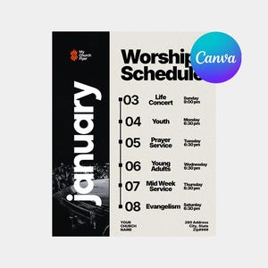 May include: A vertical flyer with a black and white design, featuring the word "January" in large white letters. The flyer includes a worship schedule with times and dates, and the Canva logo.
