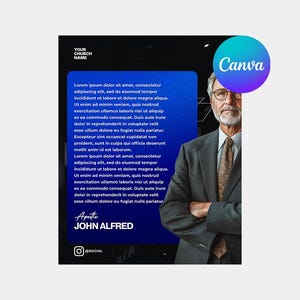 May include: A promotional graphic with a man in a suit, a blue text box, and the Canva logo. The text box contains the text "Lorem ipsum dolor sit amet..." and the name "John Alfred". The graphic is designed for social media.