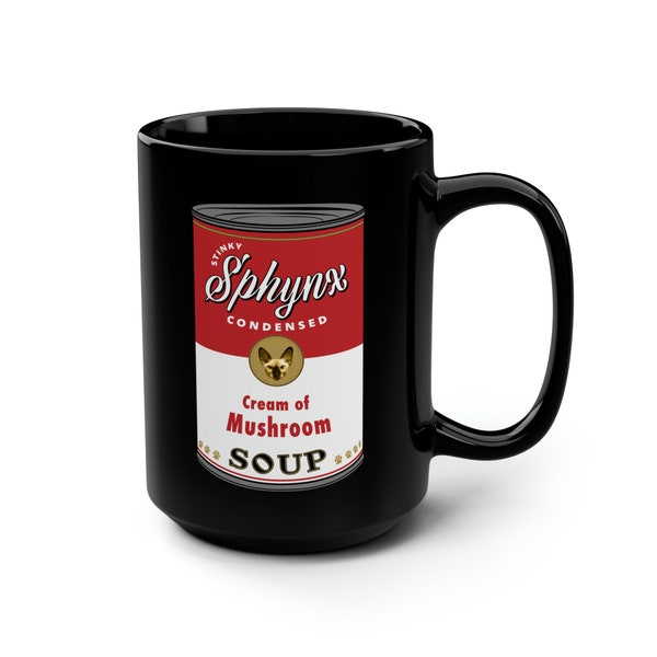 USA Stinky Sphynx Cream of Mushroom Soup Black Mug, 15oz