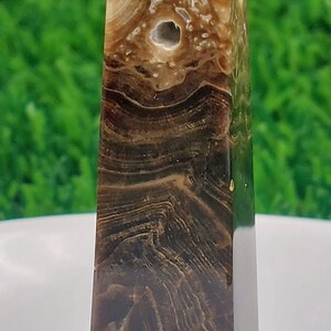 May include: A brown and white banded agate crystal point with a hole drilled through the top. The crystal is polished and has a smooth, glossy finish.
