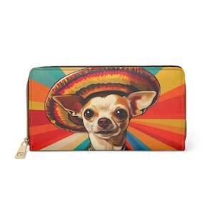 Brieftasche mit Reißverschluss - Süßer Chihuahua Sombrero Pop Art, Hunde-Liebhaber-Geschenk, lustiges Tierzubehör, bunte Beutel, lustige Haustierkleidung