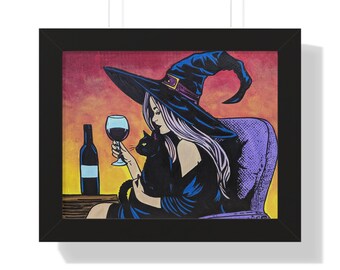 Spellbound Spirits: Whimsical Witch, Wine, and Cat Print Framed Horizontal Poster