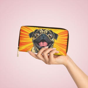 Cartera con cremallera de Pug Feliz / Regalo para amantes de las mascotas, accesorio para mamás de perros, billetera de animales adorables, mercancía de Pug, idea de regalo de cumpleaños