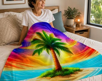 Manta polar con palmeras de isla tropical: Decoración para el hogar de Hawái con arcoíris