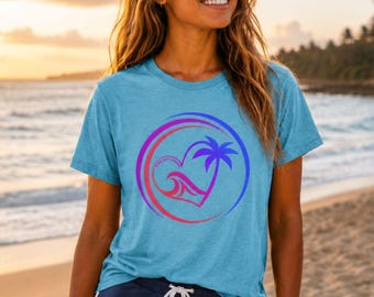 Oahu Surf Company Tee: Heart Wave Rainbow Design - Soft Cotton Blend