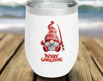 Merry Christmas Gnome Wine Tumbler 12oz Cool Gift for Surfer and Beach Lover Hawaii Holiday Present