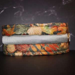 May include: A padded collar with a fall leaf pattern in shades of orange, yellow, and green. The collar has a gray center band and a gold-colored metal buckle. The collar is designed for a pet.