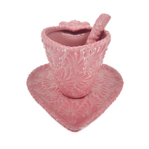 Talavera Heart Mug Set - 3-Piece Handmade Traditional Talavera Set with Spoon & Plate for Coffee Lovers, Taza Corazon Fans