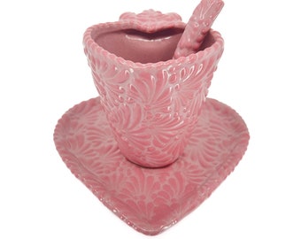 coffee mug heart Talavera Handmade Talavera Heart Mug Set – Mexican Coffee Cup with Spoon & Plate