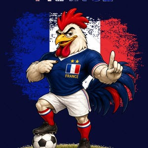 Pode incluir: Ilustração de um galo vestindo uma camisa azul com a bandeira francesa e a palavra "FRANCE". O galo está em pé em uma bola de futebol, com um fundo azul e vermelho. O galo está apontando com um dedo.