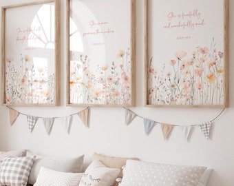 Set Of 3 Wildflower Christian Nursery Prints Little Girl Nursery Wall Art Pastel Floral Scripture Verses Proverbs Psalm Gift For Her Faith