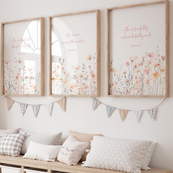 3er Set Wildblumen Christliche Kinderzimmer Drucke Kleine Mädchen Kinderzimmer Wand Kunst Pastell Blumen Schrift Verse Sprüche Psalm Geschenk für ihren Glauben