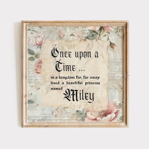 Anpassat namn Det var en gång en saga prinsessa tryck vintage rosor rumsdekor personlig prinsessa väggkonst baby flicka barnrum skylt affisch