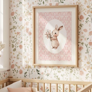 Coquette Bunny print vintage bloemen kinderkamer lichtroze muur kunst baby meisje peuter slaapkamer shabby chic kunstwerk Franse boerderij design kunst