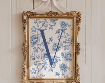 Custom Initial Elegant French Blue Toile Print Coquette Chinoiserie Floral Bloom Personalized Wall Dorm Room Girl Nursery Vintage Style Art