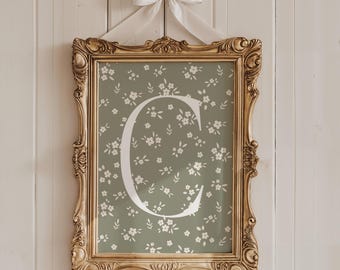 Custom Initial Boho Floral Daisies Sage Green Room Decor Personalized Initial Retro Boho Wall Baby Girl Neutral Nursery Art Monogram
