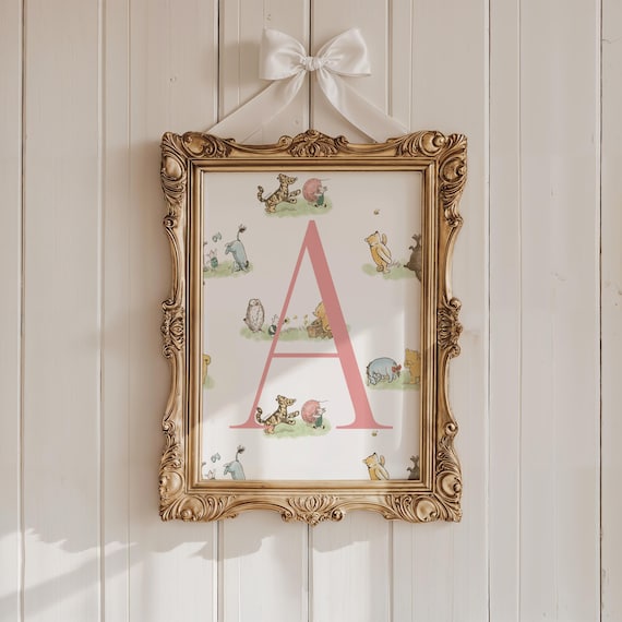 Custom Classic Winnie The Pooh & Friends Initial Print | 4 Colors | Nursery Room Decor Personalized Monogram Boho Wall Baby Vintage Pooh Art