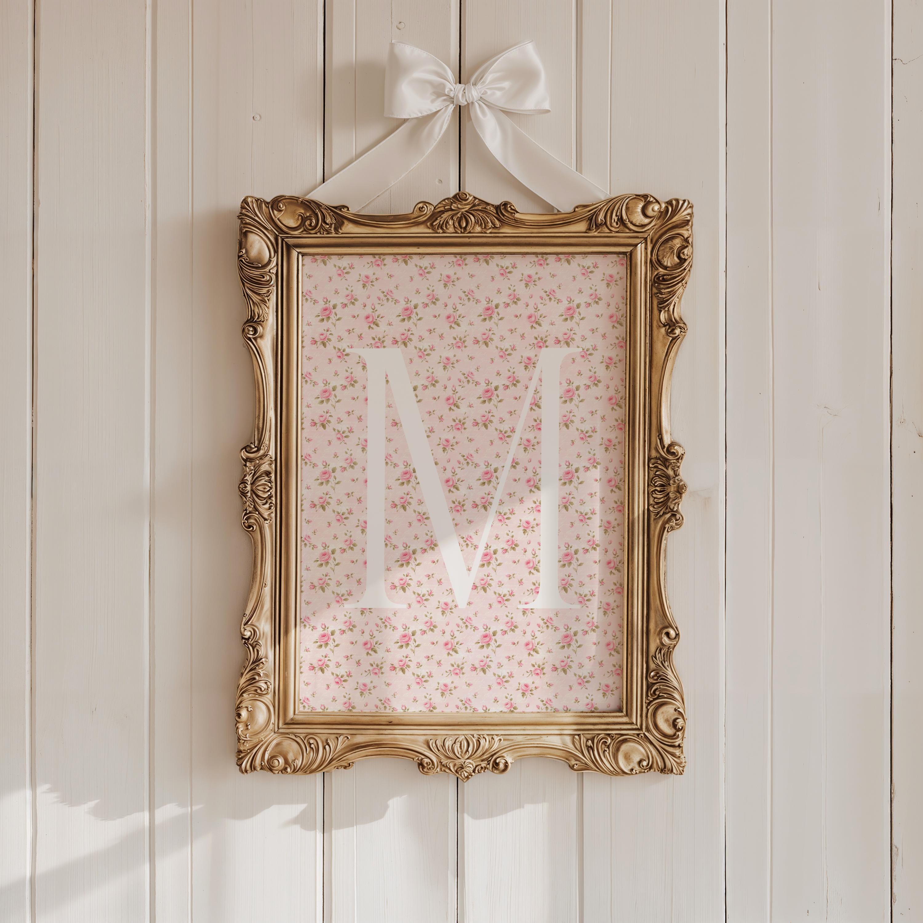Custom Initial Little Roses French Coquette Style Baby In Bloom Print Toile Chinoiserie Pink Personalized Wall Baby Girl Nursery Art