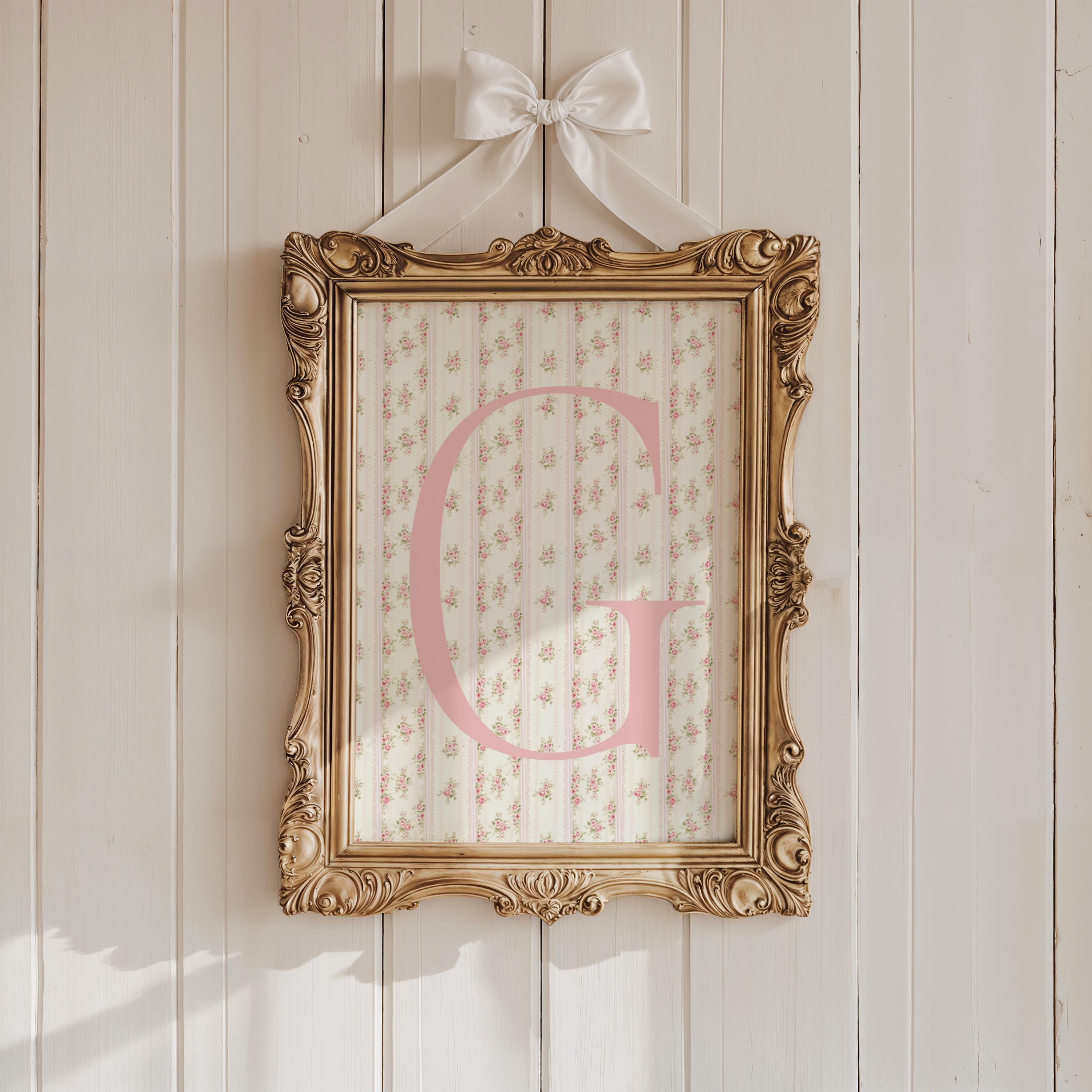 Custom Initial Pink Roses Stripes Cottagecore Print Baby In Bloom Room Decor Personalized Initial Wall Nursery Vintage Coquette Toile Art