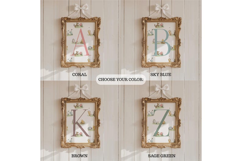 May include: Four framed art prints with gold ornate frames, each featuring a different initial in coral, sky blue, brown, and sage green. The prints have a whimsical animal illustration background. The text "CHOOSE YOUR COLOR:" is in the center.