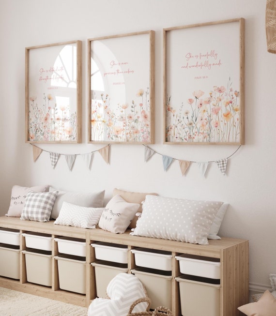 Set Of 3 Wildflower Christian Nursery Prints Little Girl Nursery Wall Art Pastel Floral Scripture Verses Proverbs Psalm Gift For Her Faith