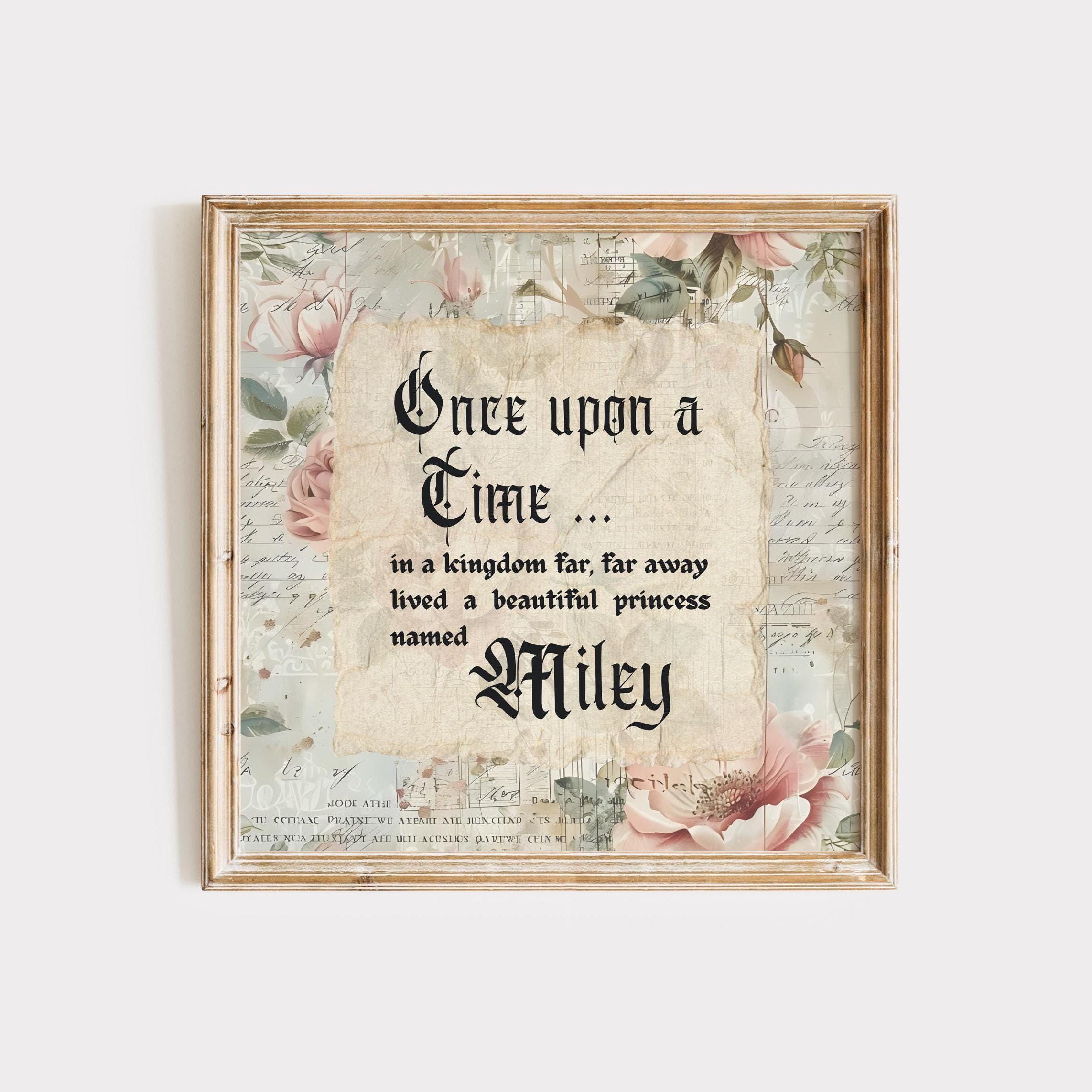 Custom Name Once Upon A Time Fairytale Princess Print Vintage Roses Room Decor Personalized Princess Wall Art Baby Girl Nursery Sign Poster