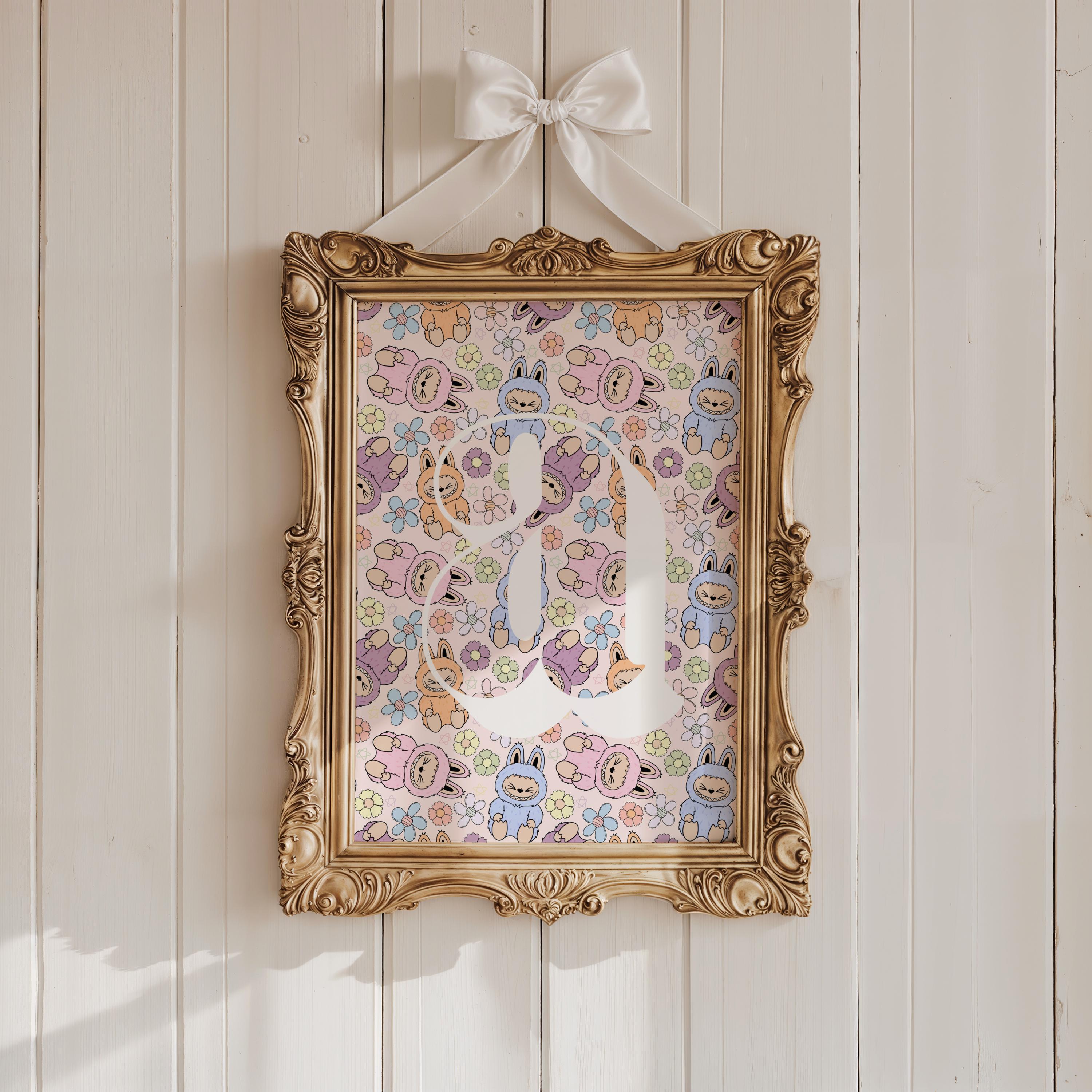 Stampa iniziale personalizzata Labubu, poster Labubu personalizzato, poster da parete per la cameretta delle bambine, poster per la cameretta dei bambini, stampa monogrammata con bambola mostro dei cartoni animati