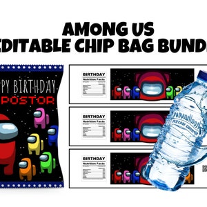AmongUs bearbeitbare Chipbeutelvorlage, Among Us Geburtstagsfeierbevorzugung, Partybevorzugungsideen für Jungen, Chipbeutel, benutzerdefinierte Chipbeutel zum Geburtstag