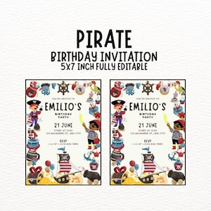Plantilla de invitación de cumpleaños pirata, plantilla editable de invitación pirata, fiesta de cumpleaños pirata, invitación a fiesta temática pirata, invitaciones