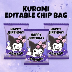 Kuro-mi bearbeitbare Chipsbeutelvorlage, benutzerdefinierte Geburtstagschipbeutel, bearbeitbare Chipsbeutelvorlage, Kawaii-Chipbeutel, Mädchen-Gastgeschenke