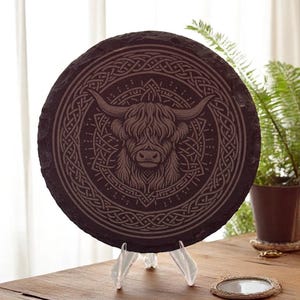 Celtic Highland Cow Laser Engraved 4″ Slate Coaster & Display Piece