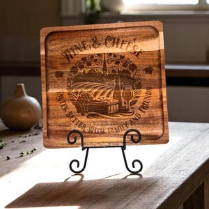 Acacia Wine and Cheese Serving Tray – “Wine & Cheese Tastes Better with Family and Friends” – 12″×12″ Laser-Engraved