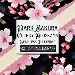 82 padrões de flor de cerejeira Sakura escuro, padrões de flor de cerejeira com fundos pretos, papéis Sakura, Sakura sem costura, Sakura sem costura