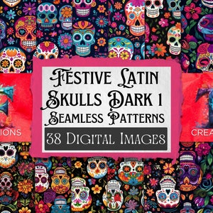 39 Sugar Skulls Black Background 1, Seamless Pattern, Sugar Skull Papers, Skull Pattern, Halloween Sugar Skull Patterns, Halloween Skulls
