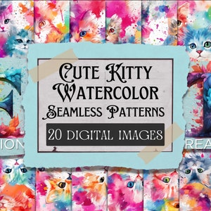 20 söta katter akvarell, söta kattsaker, sömlös design, upprepande mönster, kattakvarell, sömlöst kattmönster, scrapbookpapper