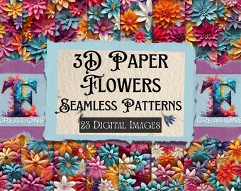 Op de afbeelding: Een digitale download van 23 naadloze patronen met 3D-papieren bloemen in verschillende kleuren. De tekst "3D Paper Flowers Seamless Patterns 23 Digital Images" wordt weergegeven op een lichtblauwe achtergrond.