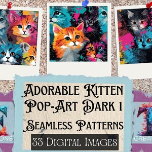 Könnte beinhalten: Ein digitaler Download von 33 nahtlosen Mustern mit niedlichen Kätzchen im Pop-Art-Stil mit einer dunklen Farbpalette. Die Muster sind perfekt, um einzigartige und lustige Designs für Stoffe, Tapeten und andere kreative Projekte zu erstellen.