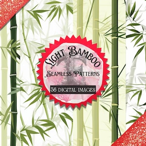 Puede incluir: Una descarga digital de 36 patrones sin costuras con tallos y hojas de bambú verde claro sobre un fondo blanco. El texto "Light Bamboo Seamless Patterns 36 Digital Images" está en un círculo rojo.