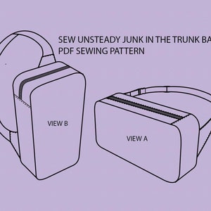 Puede incluir: Dibujo de línea de un patrón de costura para una bolsa de maletero. El patrón muestra dos vistas de la bolsa, etiquetadas como "Vista A" y "Vista B". El texto "Sew Unsteady Junk in the Trunk Bag PDF Sewing Pattern" está en la parte superior de la imagen.