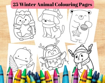 May include: A collection of 25 Winter Animal Colouring Pages featuring black and white line art of a penguin, dog, bear, dinosaur, and reindeer, accompanied by a row of colorful wax crayons at the bottom of the display.