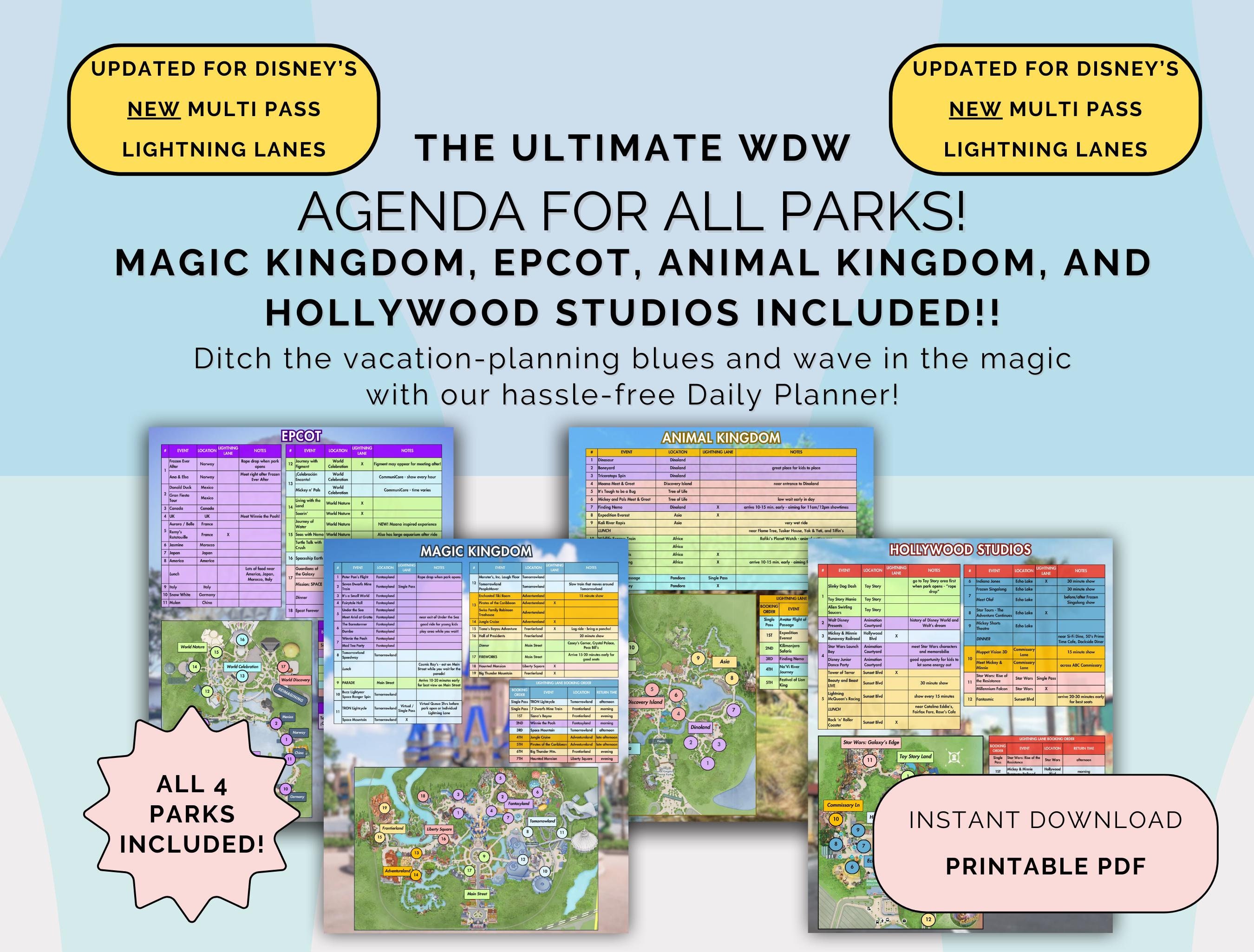 Multi Pass Lightning Lanes 2025 Updated!! WDW Daily Agenda - ALL FOUR Parks (itinerary, planner, attractions list, dining options included)
