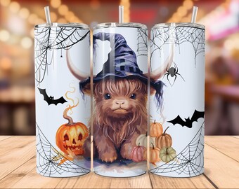 Cute Halloween Highland Cow Tumbler Wrap -  20oz Fall Skinny Tumbler Sublimation Design - Spooky Witch Highland Cow - PNG Digital Download