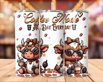 コーヒー アディクト 20 オンス スキニー タンブラー 昇華デザイン - ハイランド カウ タンブラー デザイン - コーヒー タンブラー ラップ PNG - コーヒー ラバー タンブラー 20 オンス