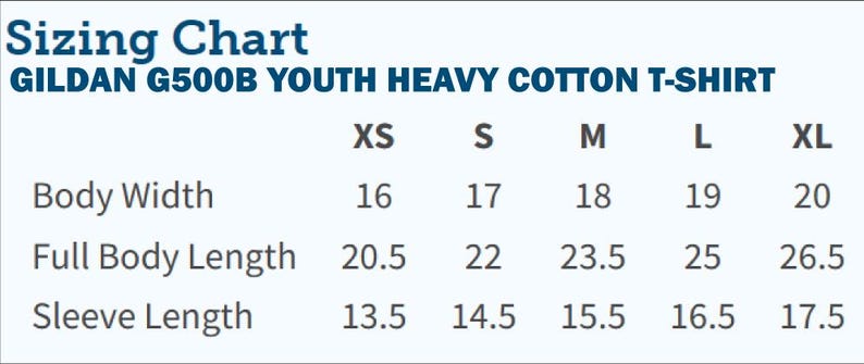 Youth T-shirt Sizing Chart