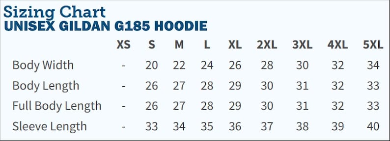 Unisex Hoodie Sizing Chart